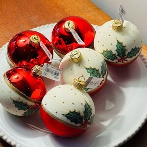 Festive Red and White Holiday Ornaments Bulbs, Christmas Decorations! Set of 6!